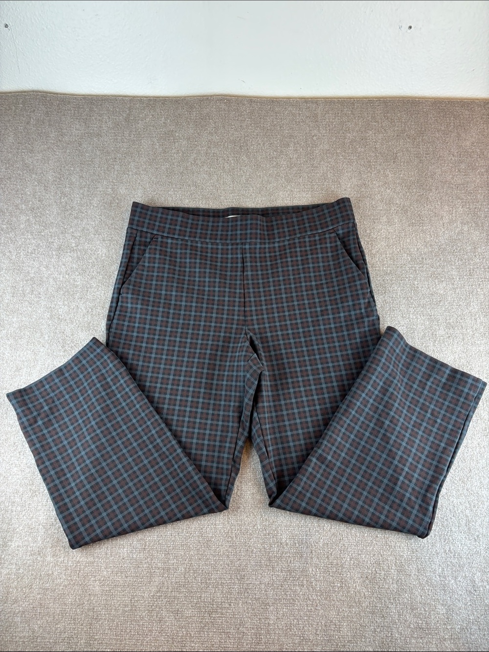 LOFT Women's Black and Brown Plaid Pull On Front Pockets Ponte Pants Size XL